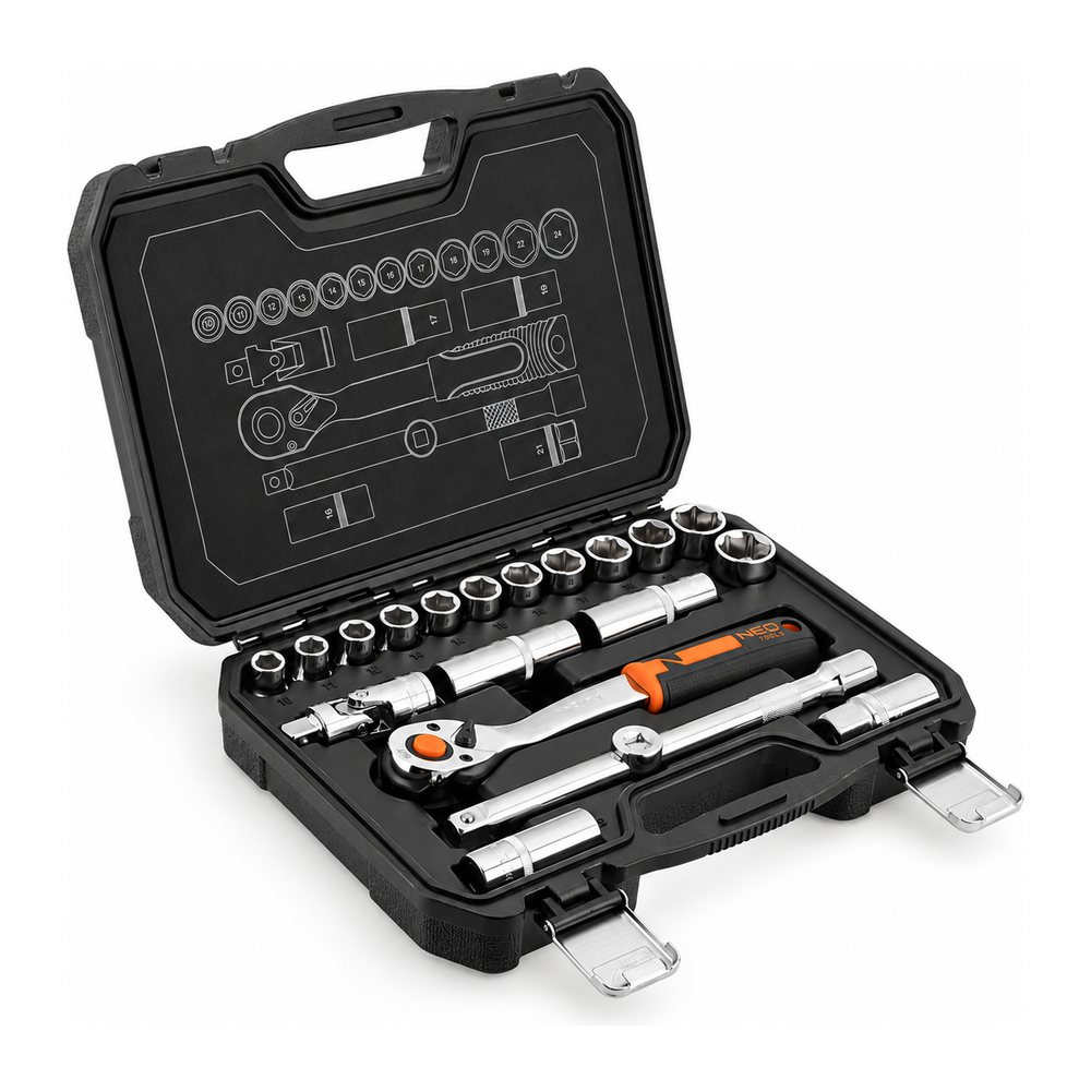 Набір торцевих головок NEO Tools, 1/2″, 20 предметів, тріскачка 90T, фото 1